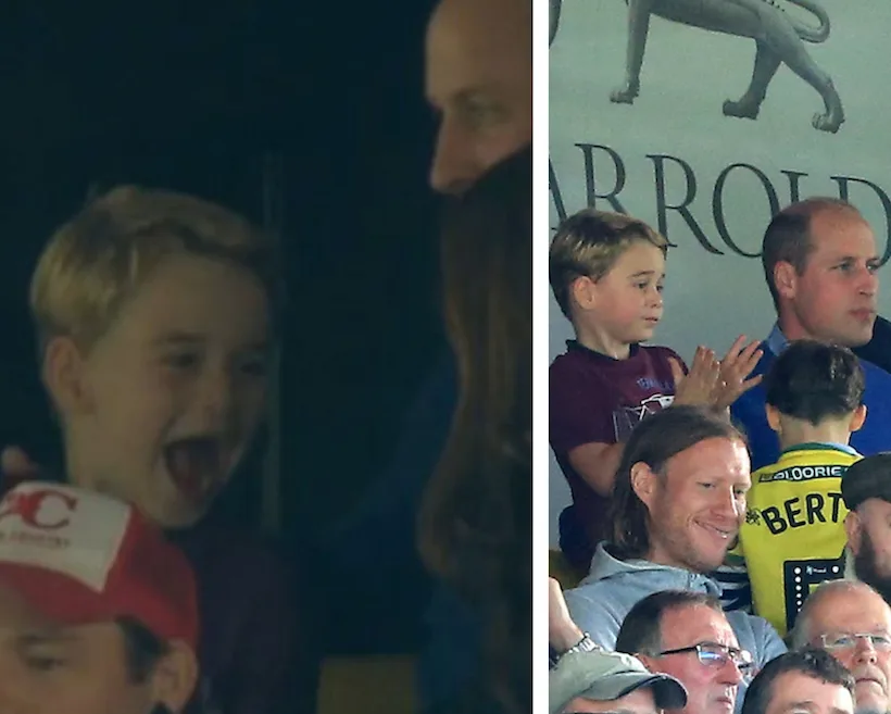 Young boy and adult watching a football match, excited expressions, with other spectators nearby.