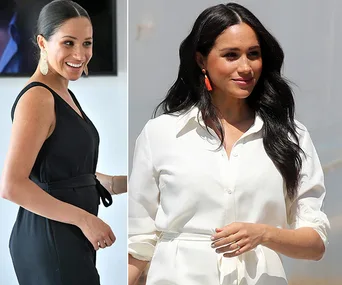 Two images of a woman in stylish outfits. Left: black dress, smiling. Right: white dress, long hair, subtle smile.