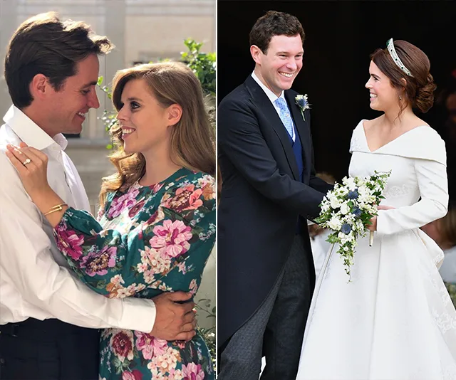 A couple embraces on the left; another smiles at their wedding on the right, both in formal attire with floral accents.