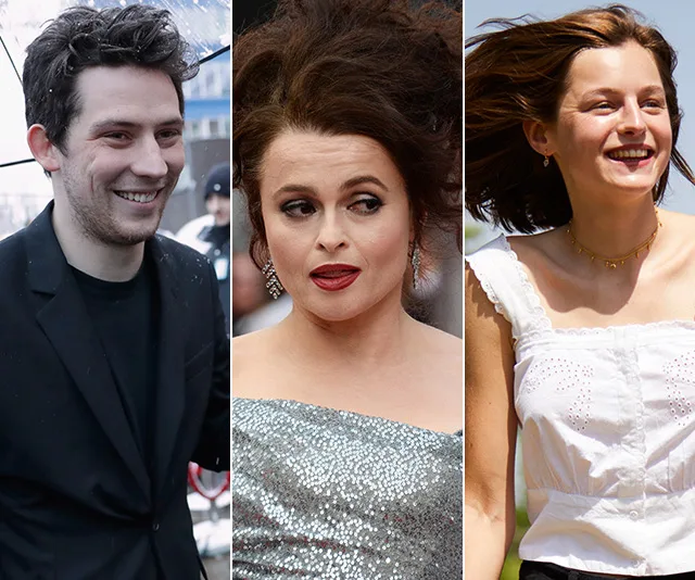 Three actors from The Crown Season 3: a man smiling, a woman in silver, and another woman outdoors in white.