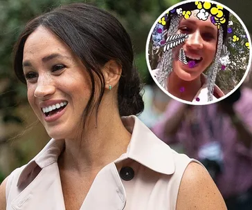 Meghan Markle smiling with an Instagram filter in a circular inset showing colorful effects.