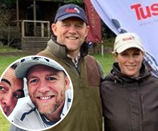 Couple wearing caps, smiling outdoors with a Tusk banner in the background; inset shows two friends in a selfie.