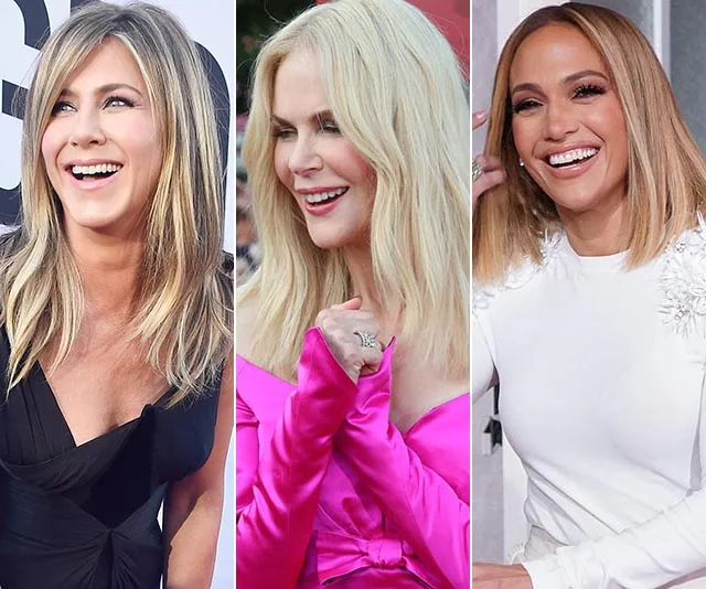 Actresses over 50 smiling in stylish outfits; one in black, one in pink, and one in white.