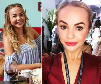 Two side-by-side images of a woman indoors, one smiling on a couch, the other taking a selfie at an event.