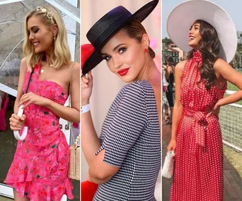 Three women in stylish spring racing outfits: floral, gingham, and polka dot dresses, with matching accessories and hats.