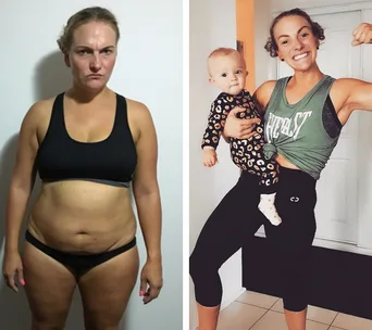 Side-by-side transformation: woman before and after weight loss, now smiling, holding a baby, flexing arm.