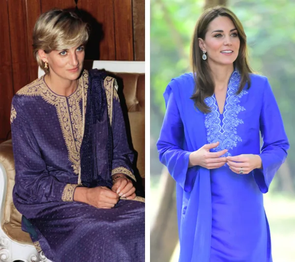 Princess Diana and a woman, both wearing similar blue embroidered kurtas, sitting and standing outdoors, respectively.