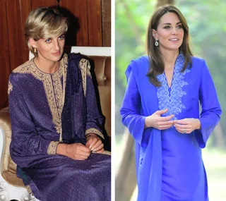 Princess Diana and a woman, both wearing similar blue embroidered kurtas, sitting and standing outdoors, respectively.