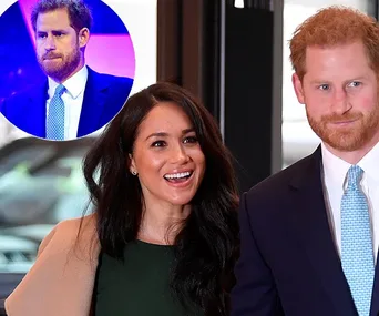Prince Harry and Meghan Markle smiling at an event, with Harry inset in formal attire.