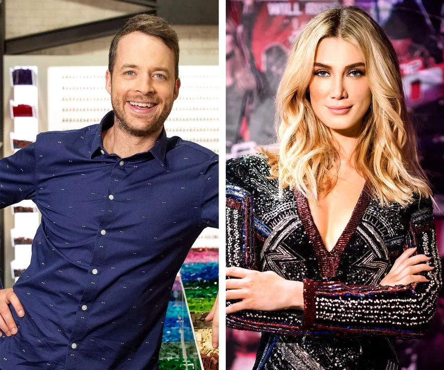 Two individuals side by side: man in blue shirt smiling, woman in sequined outfit with blonde hair, arms crossed.