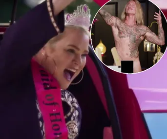 A woman in a tiara and "Maid of Honor" sash excitedly waves from a car; inset shows a tattooed man posing.