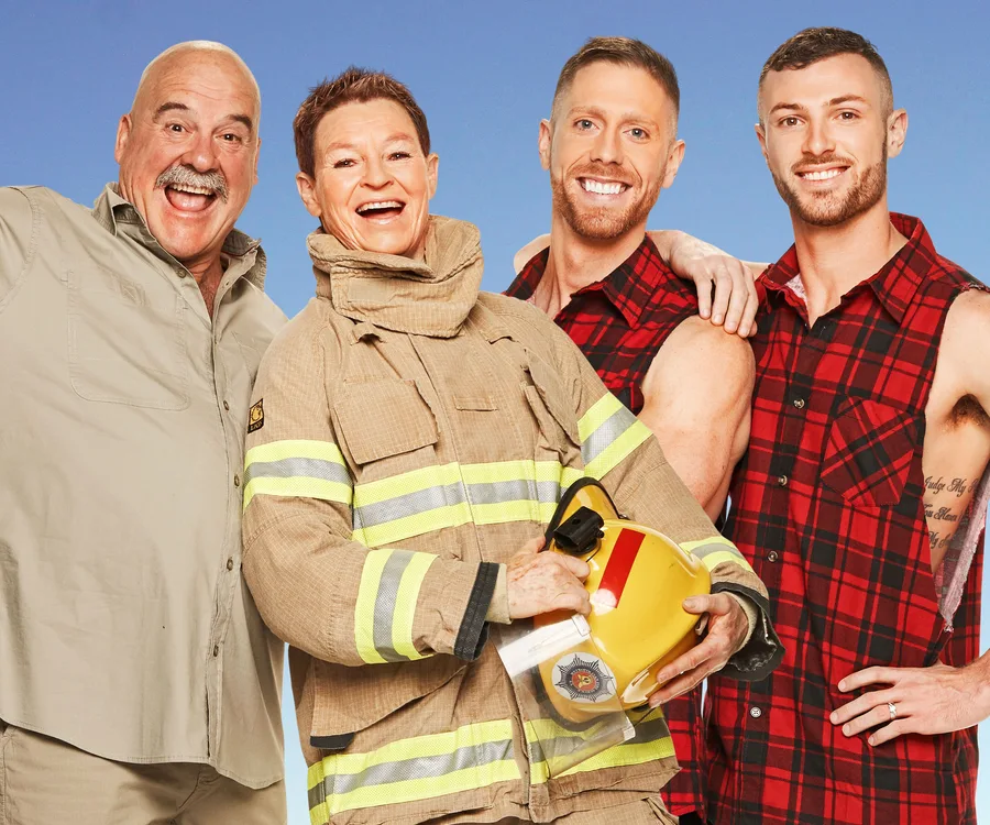 "Four contestants from The Amazing Race Australia 2019 smiling, including one in a firefighter uniform."