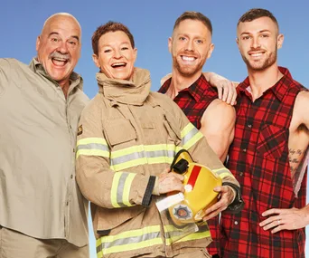 "Four contestants from The Amazing Race Australia 2019 smiling, including one in a firefighter uniform."