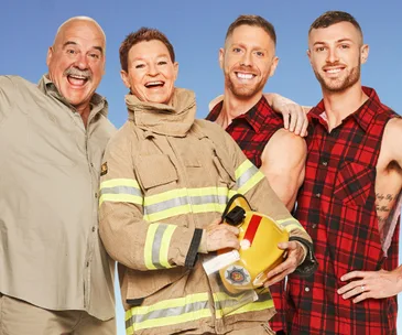 "Four contestants from The Amazing Race Australia 2019 smiling, including one in a firefighter uniform."