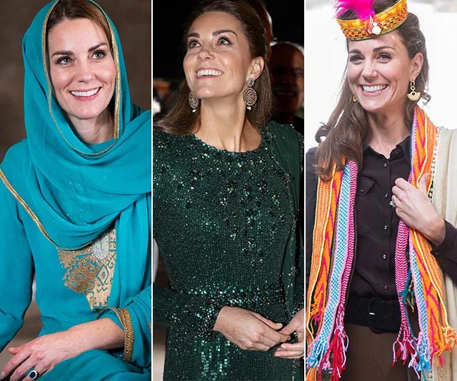 Three images of a woman in Pakistani attire: blue kurta with scarf, green sequined dress, and a traditional headdress with colorful scarf.