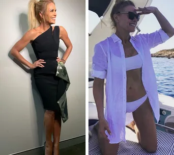 Woman in black dress posing indoors; same woman in white bikini and shirt on a boat, smiling with sunglasses.
