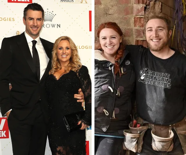 A split image with a couple in formal wear on the left and a casual-dressed couple on the right in a rustic setting.