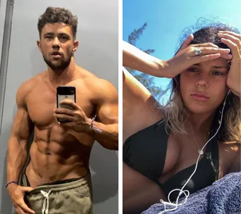 Shirtless man takes selfie; woman in bikini rests outside, listening to music.