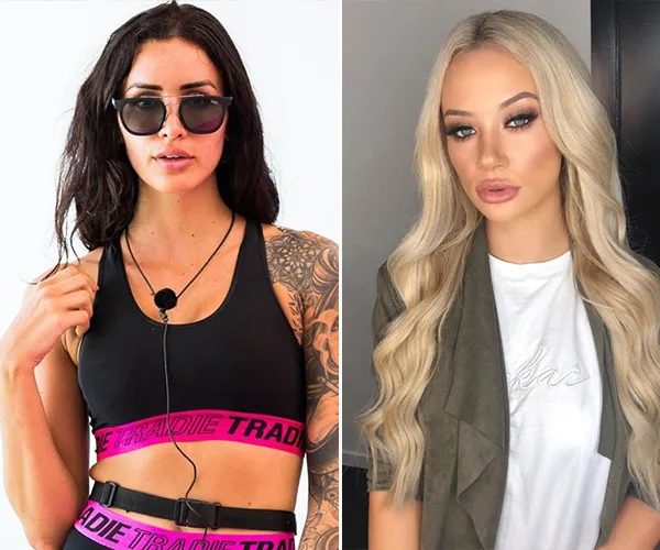 Two women side by side; left in workout gear and sunglasses, right with long blonde hair and a casual outfit.