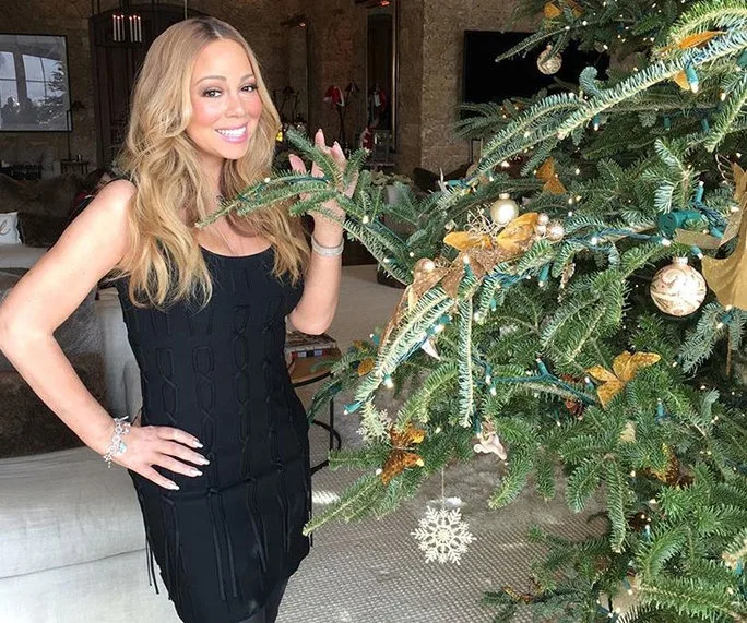 Woman in black dress posing by a decorated Christmas tree indoors.