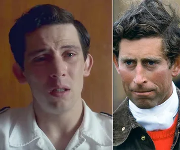 Two side-by-side images, one from "The Crown" showing an actor, the other a historical figure in a jacket and white turtleneck.