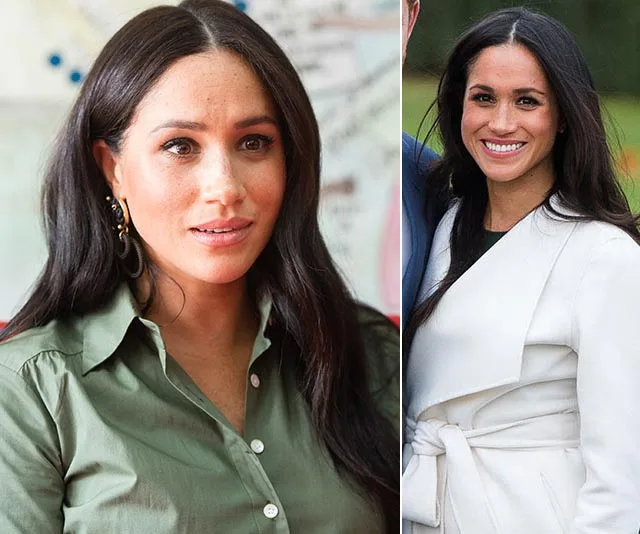 Two images side by side showing a woman with long dark hair, wearing a green shirt on the left and a white coat on the right.