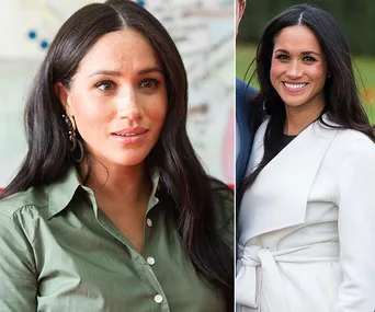 Two images side by side showing a woman with long dark hair, wearing a green shirt on the left and a white coat on the right.