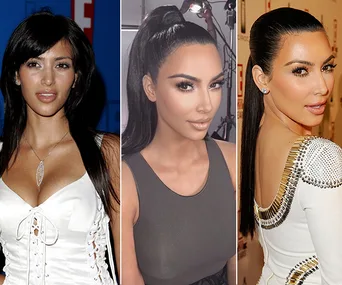 Three side-by-side images showing a woman with different hairstyles and outfits over the years.