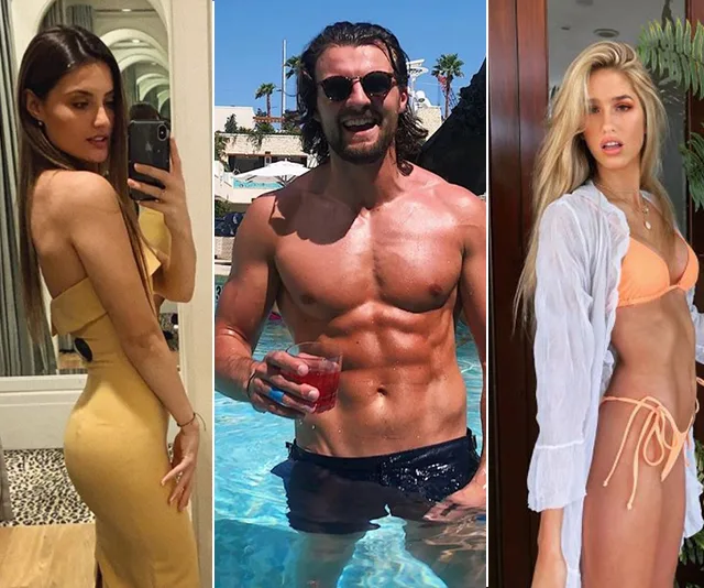 Three people from Love Island Australia 2019 cast: one in yellow dress, one shirtless in pool, one in orange bikini with cover-up.