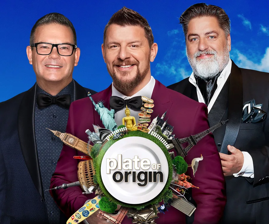 "Three men in formal attire with landmarks surrounding a 'Plate of Origin' logo against a blue sky background."
