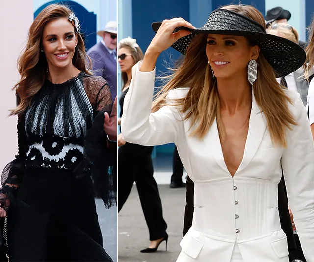 Women in stylish Derby Day outfits; one in black lace, the other in a white blazer with a wide-brim hat.