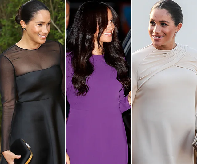 Meghan Markle in three outfits: black dress, purple dress, and white dress, showcasing elegant styles from 2019.