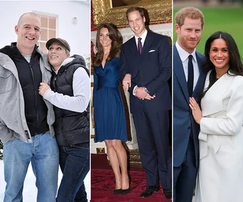 Couples posing together in engagement photos: outdoors, formal indoor, and green setting outside.