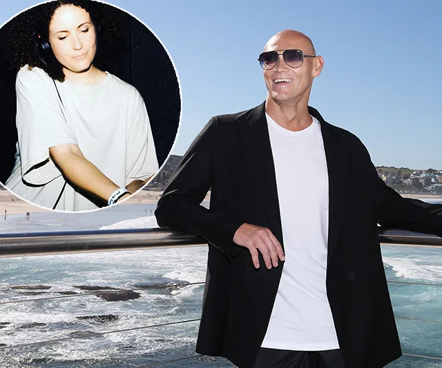 Man in sunglasses stands at a beach railing; inset shows a woman with headphones and closed eyes.