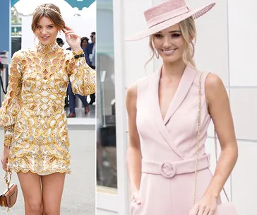 Two women in fashionable race day attire; one in a yellow lace dress, the other in a pastel pink ensemble with hat.