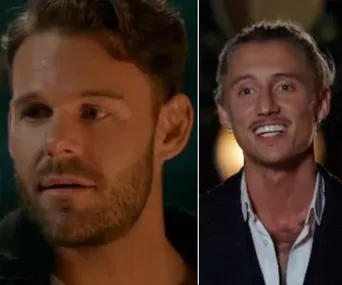Two men from "Bachelorette 2019" in split-screen: one with a beard, the other with a ponytail, smiling under dim lighting.