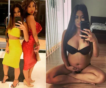 Women posing in elegant dresses; another in black bra, taking a mirror selfie sitting on the floor.