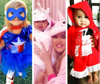 Children in Halloween costumes: a superhero, a unicorn with a person, and Little Red Riding Hood.