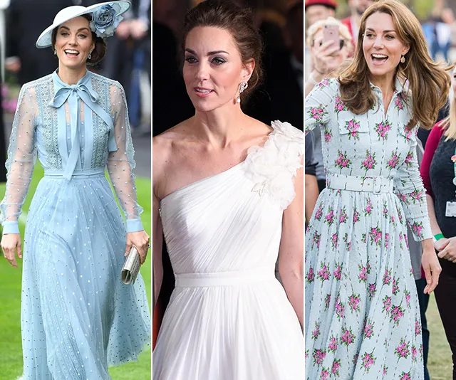 Three images of a woman wearing different elegant dresses: light blue, white, and floral print.