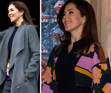 A woman in a gray coat and a colorful floral outfit, smiling in two side-by-side images.
