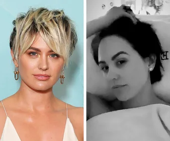 Left: Woman with short, blonde hair, wearing large earrings. Right: Woman in bed, with dark hair, looking towards the camera.