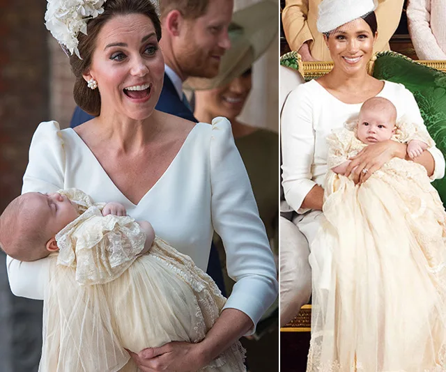 Women in elegant dresses holding babies in christening gowns during a ceremony.