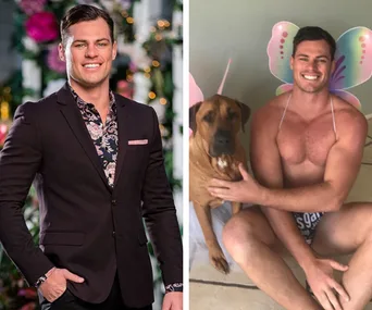 A man in a suit on the left; on the right, same man in fairy costume with a dog, smiling.