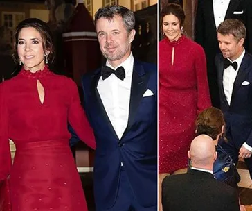 Princess Mary in a stunning red dress alongside a man in a tuxedo at a formal event, smiling as they walk together.
