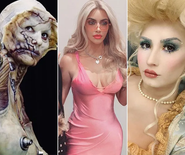 Three people in elaborate Halloween costumes: a creature with detailed makeup, a glam pink dress, and a vintage style with a wig.