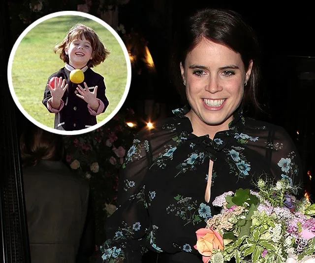 Princess Eugenie smiling in a floral dress holding flowers; inset of a child catching a ball outdoors.