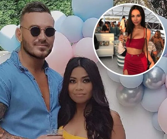 A couple posing in front of pastel balloons, with an inset of a woman in a red outfit holding a drink.