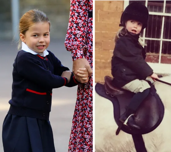 Two young girls side by side; one smiling in a school uniform, the other riding a horse in riding attire.