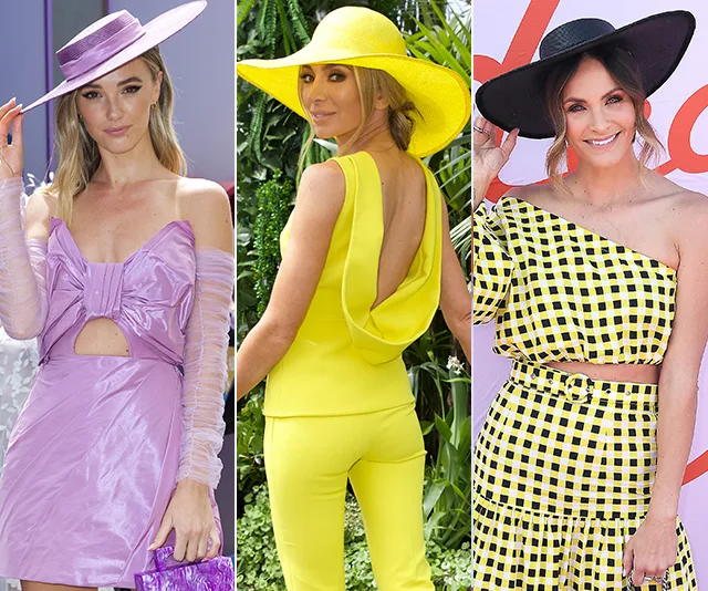 Women showcasing vibrant hats and outfits at Melbourne Cup 2019. Styles include lilac, yellow, and checkered patterns.