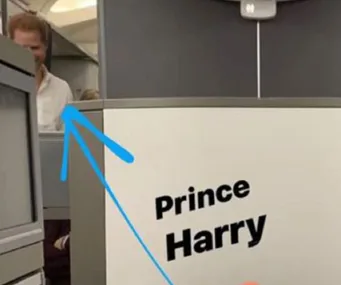 Prince Harry spotted on a flight, partially visible behind a partition with text and arrow pointing at him.